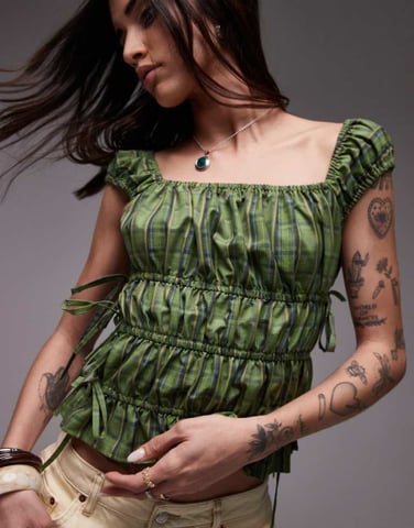 Topshop ruched tiered tie side top in green check