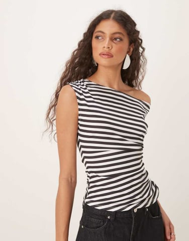 ASOS DESIGN corset ruched waist off shoulder top in mono stripe