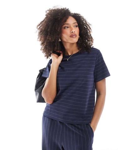 AWARE boxy t-shirt co-ord in navy stripe