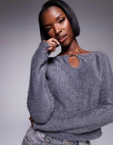 ASOS DESIGN fluffy off shoulder top with silver trim in charcoal
