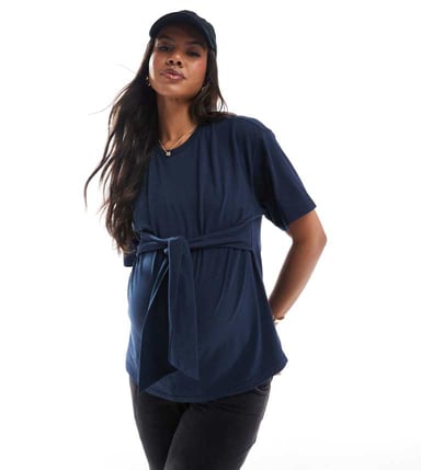 Mamalicious Maternity tie front t-shirt in navy