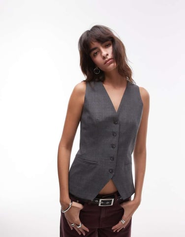 Topshop high neck button through waistcoat in grey check