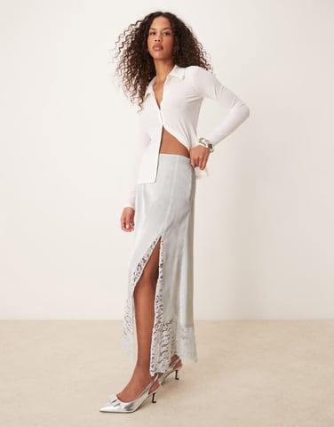 ASOS DESIGN satin & lace hanky hem midi skirt in silver