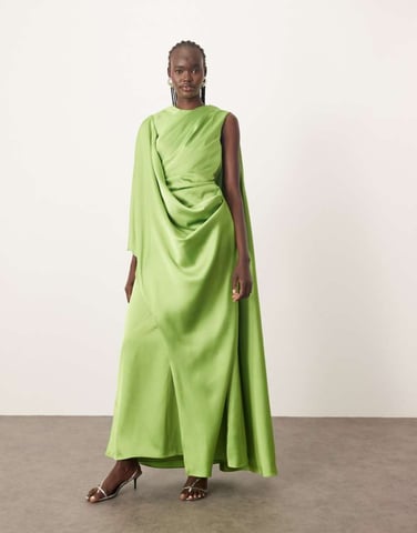 ARRANGE satin ultimate draped shoulder maxi dress with back detail in bright green