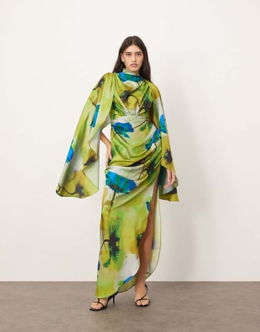 ARRANGE satin extreme sleeve maxi dress with ruching in ink floral print