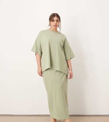 ARRANGE Curve premium heavy weight textured jersey column maxi skirt co-ord in pistachio