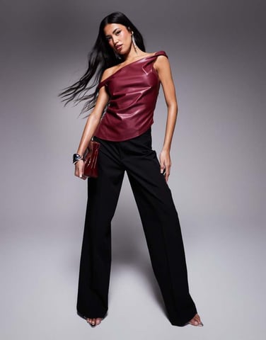 Missyempire off shoulder twist leather look top in burgundy