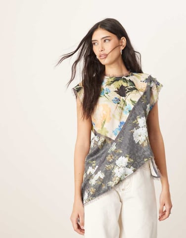 ARRANGE asymmetric top with colourblock detail in floral print
