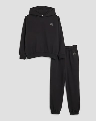 River Island Boys Hoodie & Joggers Set Black RR Oversized 2 Piece