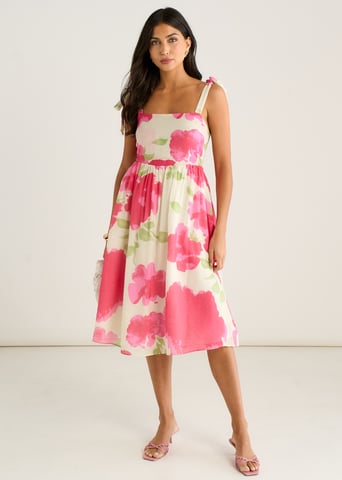 Midi-jurk met roze bloemenprint en bandjes