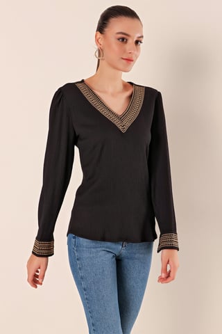 Broderad Texturerad V-hals Blus