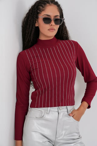 Striped Half Turtleneck Long Sleeve Top with Stone Detail