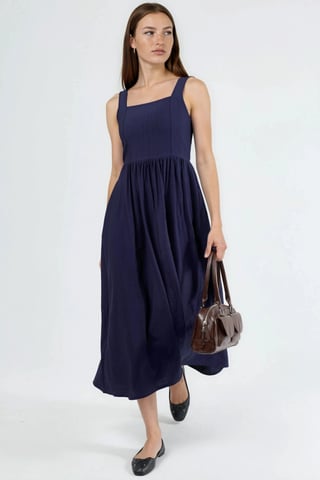 Solid Midi Dress with Square Collar