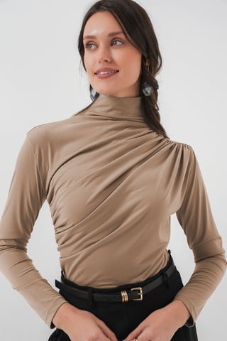 Fitted Turtleneck Blouse with Drape Detail
