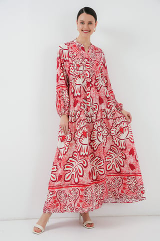 Printed V-Neck Maxi Dress with Button Closure