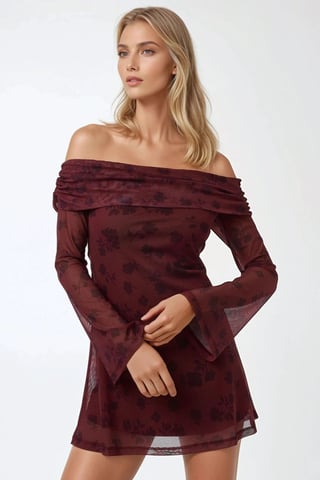 Off-Shoulder Bodycon Mini Dress with Floral Pattern