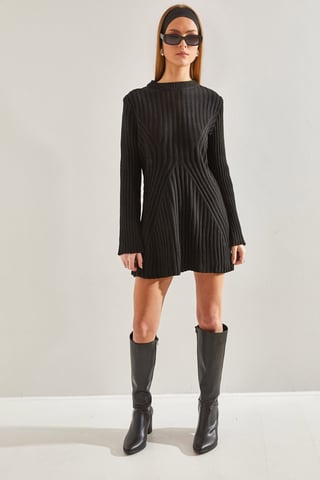 Textured Knitwear Mini Dress with Crew Neck