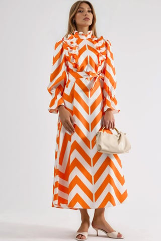Geometric Frilly Maxi Dress with Half Turtleneck