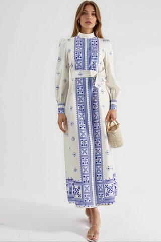 Mandarin Collar Geometric Paneled Maxi Dress