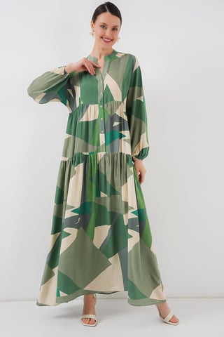 Printed V-Neck Maxi Dress with Button Closure