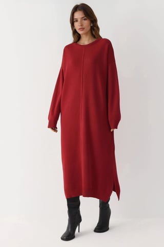 Textured Ribbed Long Knit Dress with Slit Detail