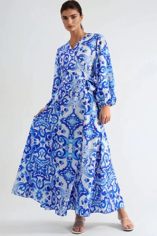 Printed V-Neck Maxi Dress with Long Sleeves