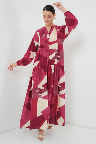 Printed V-Neck Maxi Dress with Button Closure