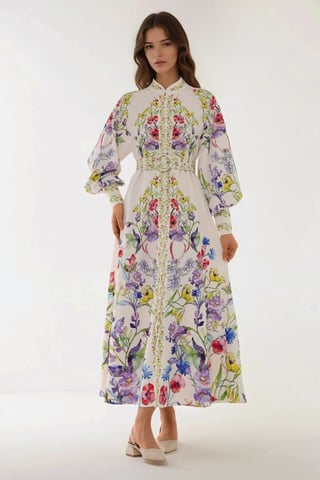Printed Long Sleeve Maxi Dress with Belt
