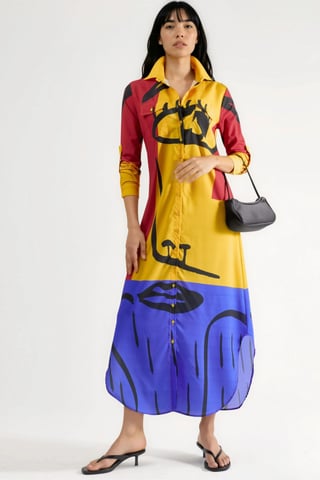 Abstract Print Maxi Dress with Button Closure