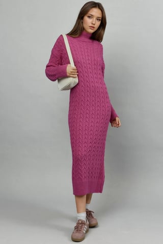 Long Sleeve Turtleneck Hair Braid Knit Dress