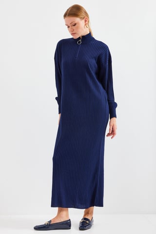 Textured Knit Dress with Half Turtleneck and Zipper