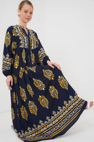 Printed V-Neck Maxi Dress with Button Closure