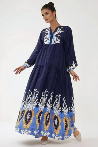 Geprinte Lange Mouwen Viscose Maxi Jurk