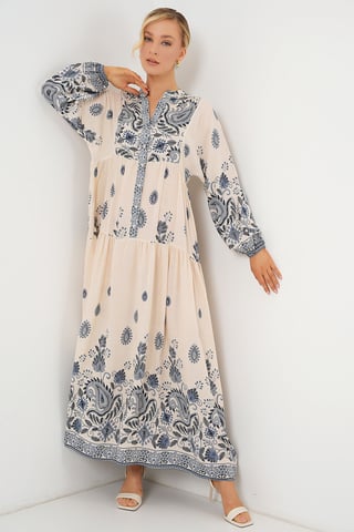 Patterned V-Neck Maxi Dress with Button Closure