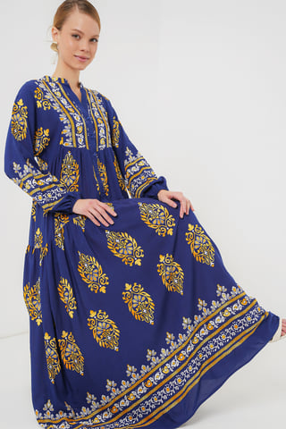 Printed V-Neck Maxi Dress with Button Closure