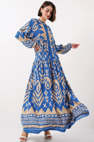 Printed V-Neck Maxi Dress with Button Closure