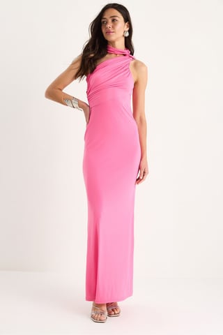 Halter Neck Fitted Maxi Dress with Accessory Detail