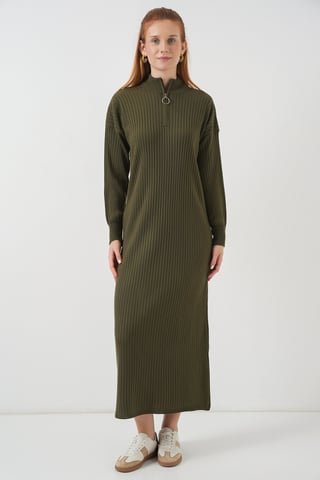 Textured Knit Dress with Half Turtleneck and Zipper