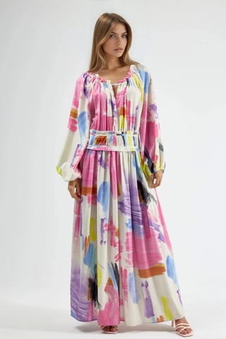 Abstract Print Belted Maxi Dress