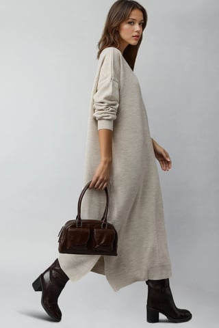 Textured Ribbed Long Knit Dress with Slit Detail