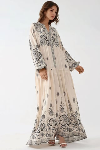 Printed V-neck Maxi Dress with Button Detail