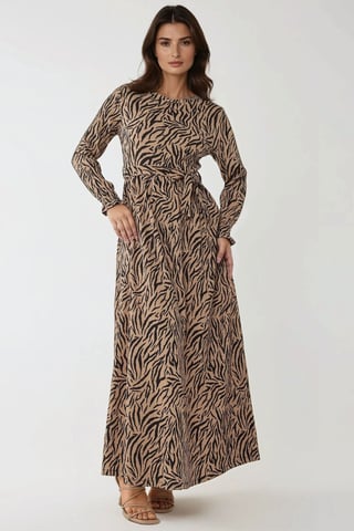 Printed Crew Neck Maxi Dress with Belt