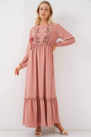 Embroidered Maxi Dress with Crew Neck