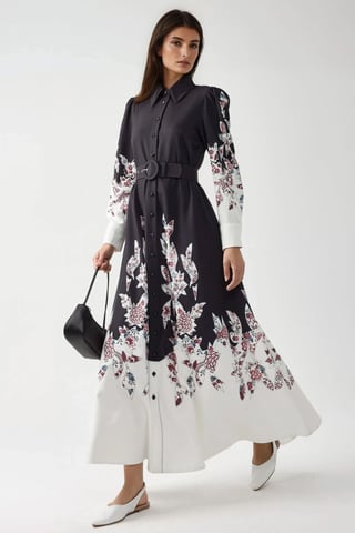 Printed Long Sleeve Maxi Dress with Belt
