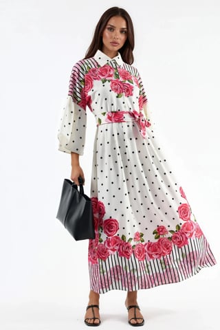 Floral Maxi Dress with Shirt Collar and Button Closure