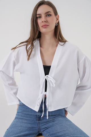 Viscose Blend V-Neck Long Sleeve Kimono with Binding Detail