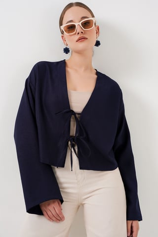 Viscose Blend V-Neck Long Sleeve Kimono with Binding Detail