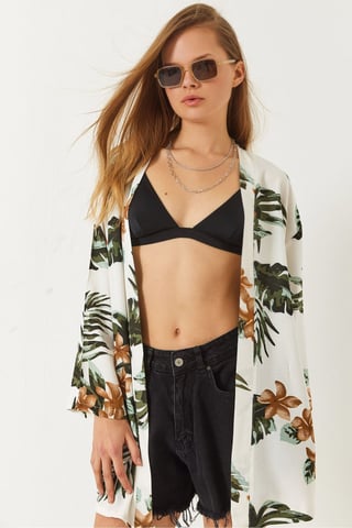 Floral Printed Loose Fit Kimono with Shawl Collar