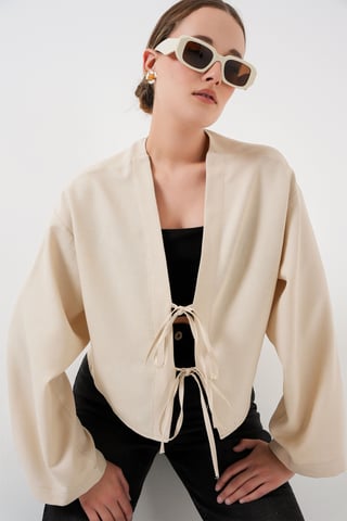 Viscose Blend V-Neck Long Sleeve Kimono with Binding Detail