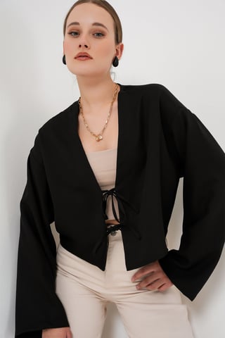 Viscose Blend V-Neck Long Sleeve Kimono with Binding Detail